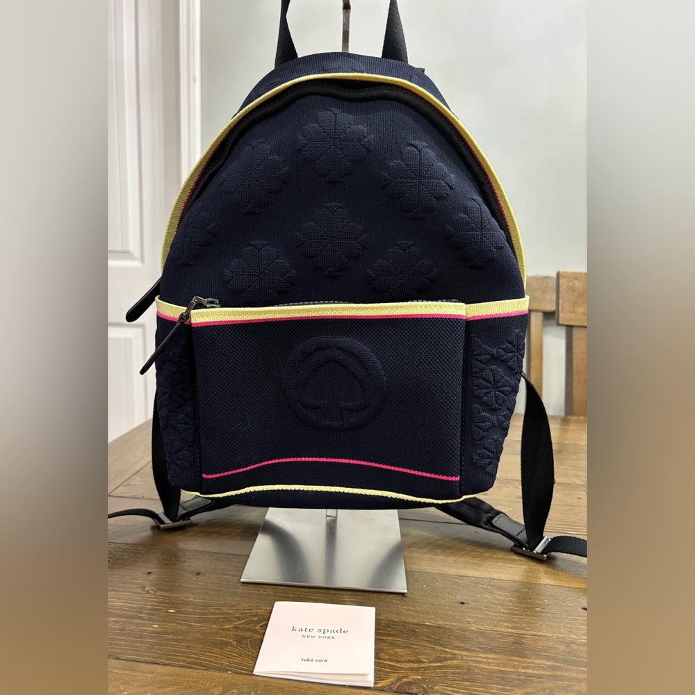 Kate Spade Sport Knit Medium Backpack in Navy with Yellow and Pink Trim